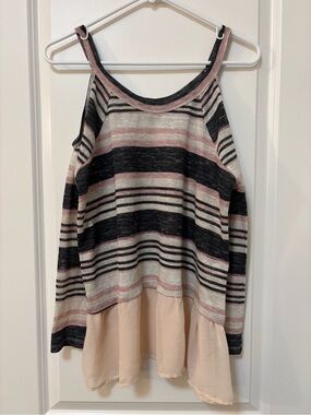 About A Girl Open-Shoulder Gray Pink Striped Sweater with Sheer Peplum Hem, Size